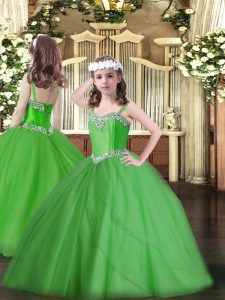 Eye-catching Sleeveless Tulle Sweep Train Lace Up Glitz Pageant Dress in Green with Beading