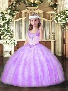 Lilac Ball Gowns Organza Straps Sleeveless Beading and Ruffles Floor Length Lace Up Pageant Dress Toddler
