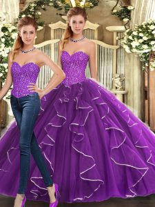 Enchanting Two Pieces 15th Birthday Dress Eggplant Purple Sweetheart Organza Sleeveless Floor Length Lace Up