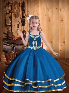 Blue Organza Lace Up Straps Sleeveless Floor Length Little Girls Pageant Dress Embroidery and Ruffled Layers