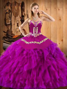 Fuchsia Quinceanera Dresses Military Ball and Sweet 16 and Quinceanera with Embroidery and Ruffles Sweetheart Sleeveless Lace Up