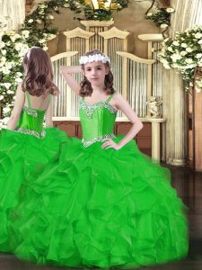 High Class Green Organza Lace Up Straps Sleeveless Floor Length Little Girls Pageant Dress Beading and Ruffles