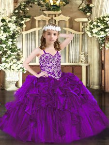 Sleeveless Lace Up Floor Length Beading and Ruffles Kids Pageant Dress