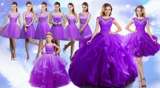 Eggplant Purple Scoop Neckline Beading Quinceanera Gown Sleeveless Lace Up