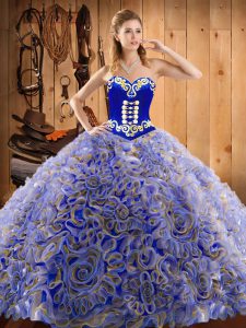 Sweetheart Sleeveless Sweep Train Lace Up Quinceanera Gown Multi-color Satin and Fabric With Rolling Flowers