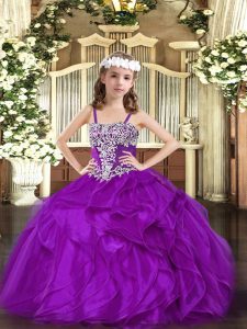 Purple Lace Up Kids Pageant Dress Appliques and Ruffles Sleeveless Floor Length