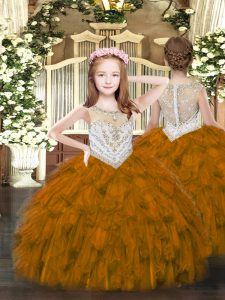 Customized Brown Ball Gowns Organza Scoop Sleeveless Beading Floor Length Zipper Girls Pageant Dresses