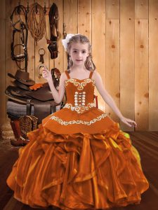 Enchanting Orange Lace Up Girls Pageant Dresses Embroidery and Ruffles Sleeveless Floor Length