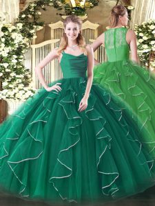 Dark Green Organza Zipper Straps Sleeveless Floor Length Sweet 16 Dresses Ruffles