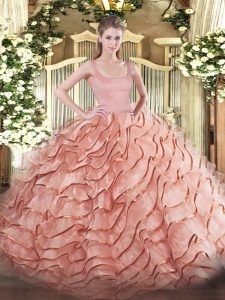 Designer Brush Train Ball Gowns Quinceanera Dresses Rust Red Straps Organza Sleeveless Zipper