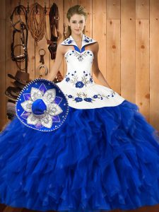 Designer Blue And White Sleeveless Floor Length Embroidery and Ruffles Lace Up Sweet 16 Quinceanera Dress