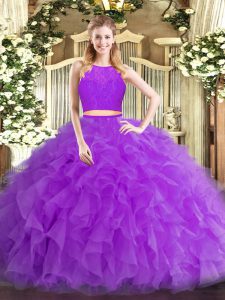 Beautiful Scoop Sleeveless 15th Birthday Dress Floor Length Ruffles Eggplant Purple Tulle