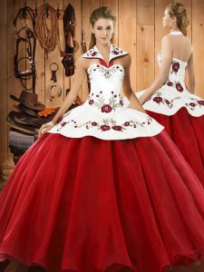 Wine Red Ball Gowns Halter Top Sleeveless Satin and Tulle Floor Length Lace Up Embroidery Sweet 16 Dress