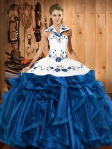 Customized Halter Top Sleeveless Quinceanera Dresses Floor Length Embroidery and Ruffles Blue Satin and Organza
