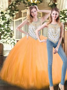 Admirable Orange Red Tulle Zipper Scoop Sleeveless Floor Length 15th Birthday Dress Beading