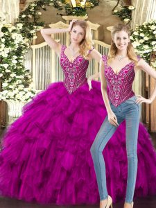 Floor Length Fuchsia Quinceanera Gown Organza Sleeveless Beading and Ruffles