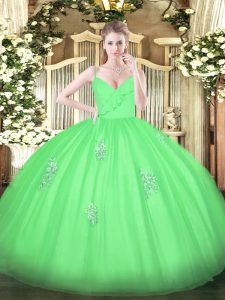 Flare Green Quinceanera Gown Military Ball and Sweet 16 and Quinceanera with Appliques Spaghetti Straps Sleeveless Zipper