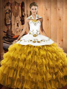 Dramatic Gold Ball Gowns Embroidery and Ruffled Layers Quinceanera Dresses Lace Up Satin and Organza Sleeveless Floor Length