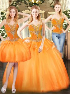 Suitable Floor Length Lace Up 15th Birthday Dress Orange Red for Military Ball and Sweet 16 and Quinceanera with Beading and Ruffles