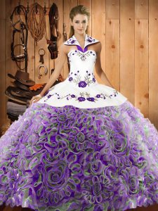 Flirting Multi-color Ball Gowns Halter Top Sleeveless Fabric With Rolling Flowers Sweep Train Lace Up Embroidery 15 Quinceanera Dress