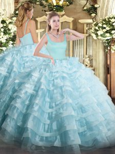 Popular Light Blue Sleeveless Beading and Ruffled Layers Floor Length 15 Quinceanera Dress
