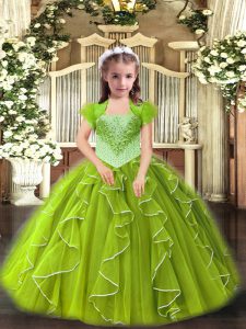 Enchanting Floor Length Lace Up Pageant Gowns For Girls Yellow Green for Party and Sweet 16 and Quinceanera and Wedding Party with Beading and Ruffles