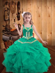 Turquoise Ball Gowns Organza Straps Sleeveless Embroidery and Ruffles Floor Length Lace Up Girls Pageant Dresses