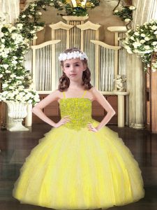 Unique Yellow Ball Gowns Beading and Ruffles Girls Pageant Dresses Lace Up Organza Sleeveless Floor Length