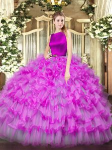 Chic Floor Length Clasp Handle Ball Gown Prom Dress Fuchsia for Military Ball and Sweet 16 and Quinceanera with Ruffled Layers