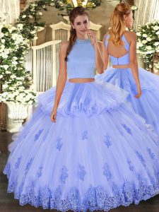 Smart Light Blue Backless Halter Top Beading and Appliques and Ruffles Vestidos de Quinceanera Tulle Sleeveless