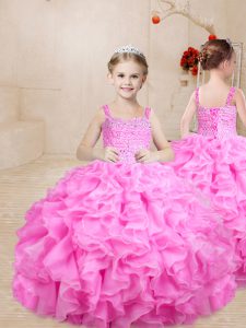 Rose Pink Ball Gowns Organza Straps Sleeveless Beading and Ruffles Floor Length Lace Up Little Girls Pageant Dress