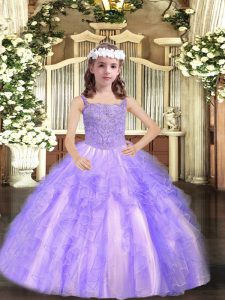 Lavender Tulle Lace Up Kids Formal Wear Sleeveless Floor Length Beading and Ruffles