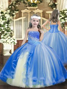 Beading Glitz Pageant Dress Baby Blue Lace Up Sleeveless Floor Length