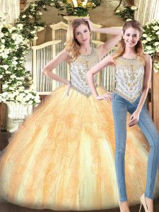 Traditional Gold Sweet 16 Dresses Military Ball and Sweet 16 and Quinceanera with Beading and Ruffles Scoop Sleeveless Zipper