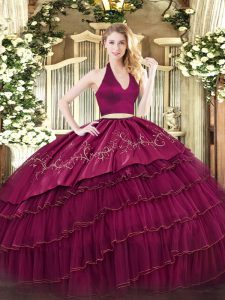 Organza and Taffeta Halter Top Sleeveless Zipper Embroidery and Ruffled Layers Quinceanera Dress in Burgundy