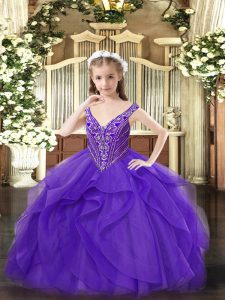 Eggplant Purple Ball Gowns Beading and Ruffles Kids Pageant Dress Zipper Tulle Sleeveless Floor Length
