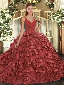 With Train Ball Gowns Sleeveless Coral Red Ball Gown Prom Dress Sweep Train Backless