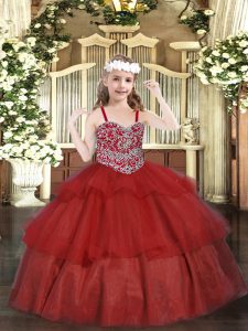 Customized Wine Red Lace Up Straps Beading and Ruffled Layers Girls Pageant Dresses Organza Sleeveless