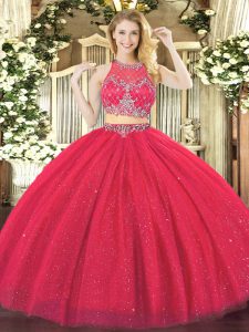 Coral Red Tulle Zipper Scoop Sleeveless Floor Length Quinceanera Gowns Beading