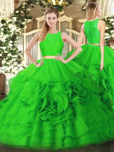 Attractive Green Zipper Scoop Ruffles Ball Gown Prom Dress Tulle Sleeveless