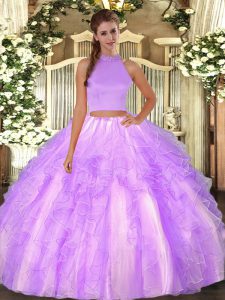 Modest Lavender Organza Backless Halter Top Sleeveless Floor Length Quince Ball Gowns Beading and Ruffles