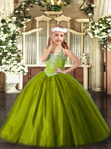 Olive Green Tulle Lace Up Girls Pageant Dresses Sleeveless Floor Length Beading