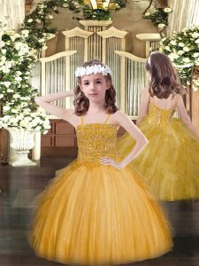 Enchanting Spaghetti Straps Sleeveless Girls Pageant Dresses Floor Length Beading and Ruffles Gold Tulle