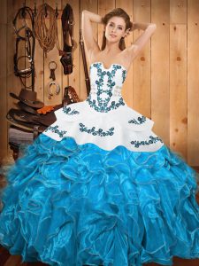 Floor Length Teal Quince Ball Gowns Satin and Organza Sleeveless Embroidery and Ruffles