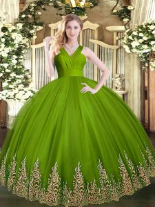 Custom Designed V-neck Sleeveless Quinceanera Gown Floor Length Appliques Olive Green Tulle