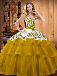 Fine Gold Sweetheart Neckline Embroidery Quinceanera Gowns Sleeveless Lace Up