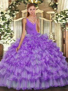 Fantastic Lavender Ball Gowns Beading and Ruffled Layers Quince Ball Gowns Backless Organza Sleeveless Floor Length