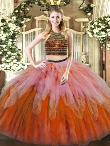 Fantastic Halter Top Sleeveless Lace Up Sweet 16 Dresses Multi-color Tulle