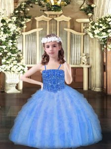 Baby Blue Organza Lace Up Kids Pageant Dress Sleeveless Floor Length Beading and Ruffles