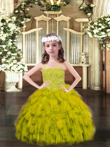 Olive Green Organza Lace Up Spaghetti Straps Sleeveless Floor Length Pageant Dress for Teens Beading and Ruffles